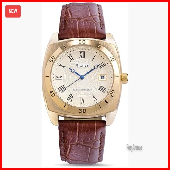 Men's Gold-Finished Watch with Genuine Leather Band Quartz Movement